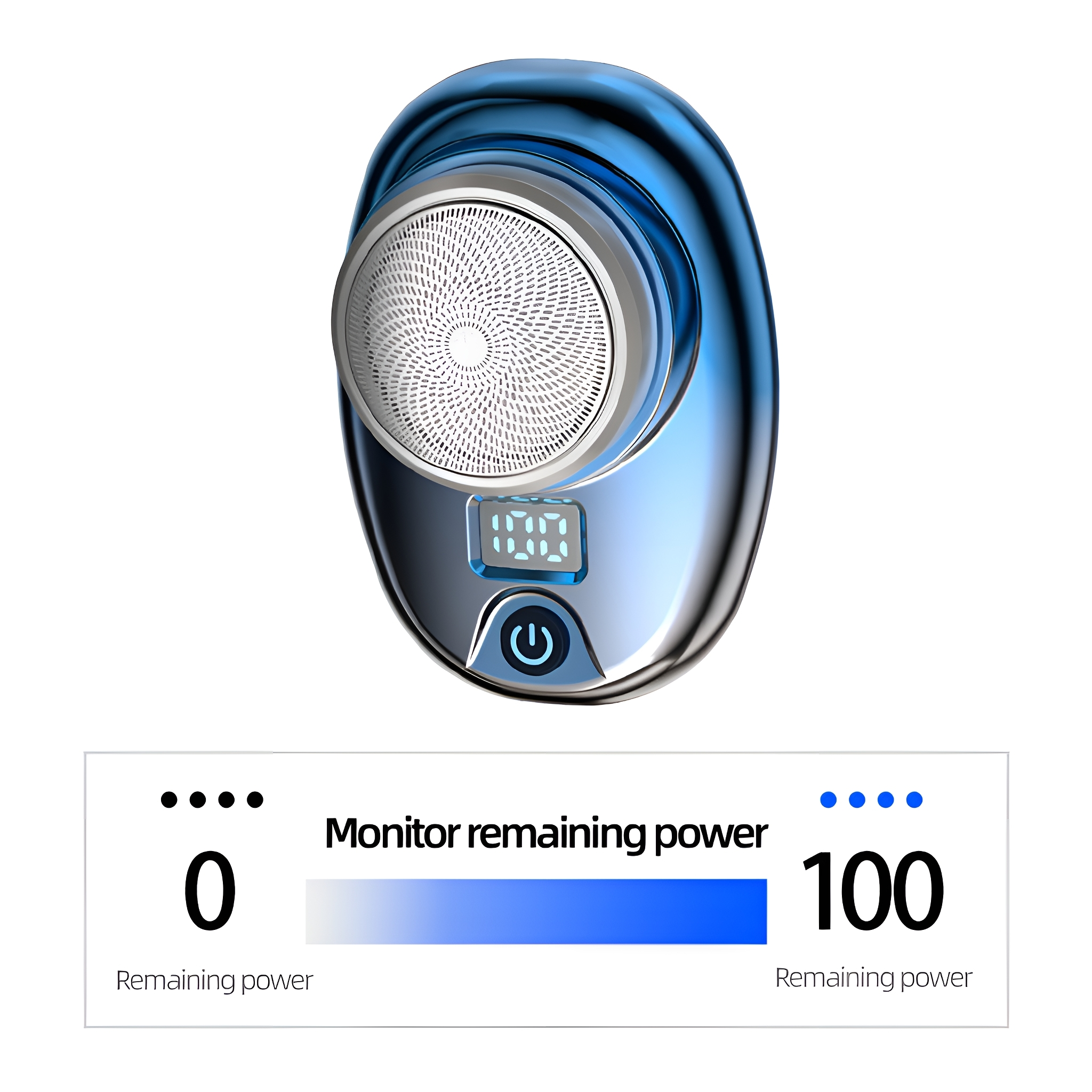 Ein blauer Elektrorasierer mit Leistungsanzeige. Die Akkuanzeige zeigt 100% Restleistung.