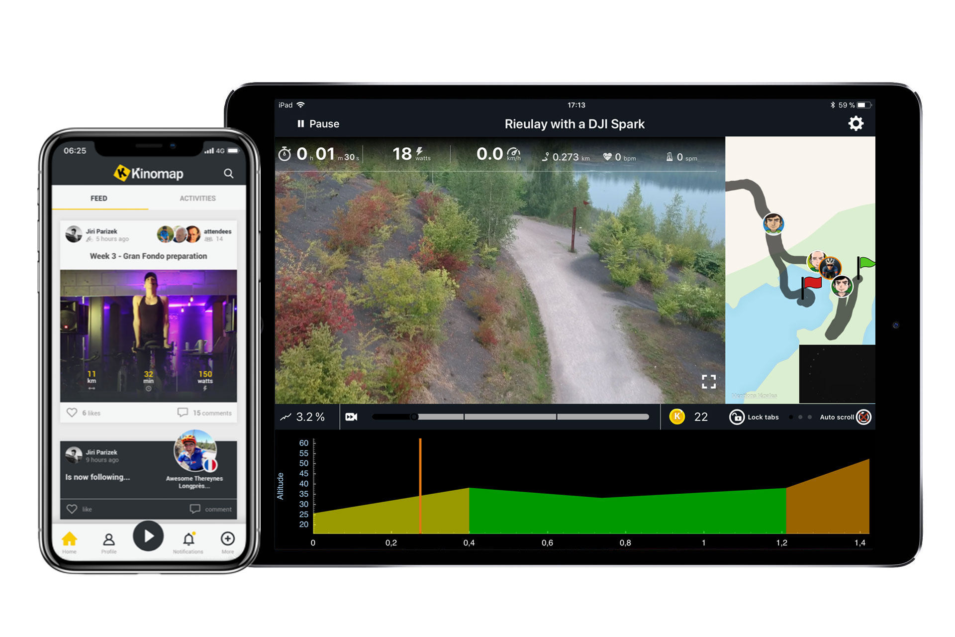 Ein Telefon und ein Tablet, die eine App-Oberfläche zeigen, mit Drohnenaufnahmen auf dem Tablet-Bildschirm.