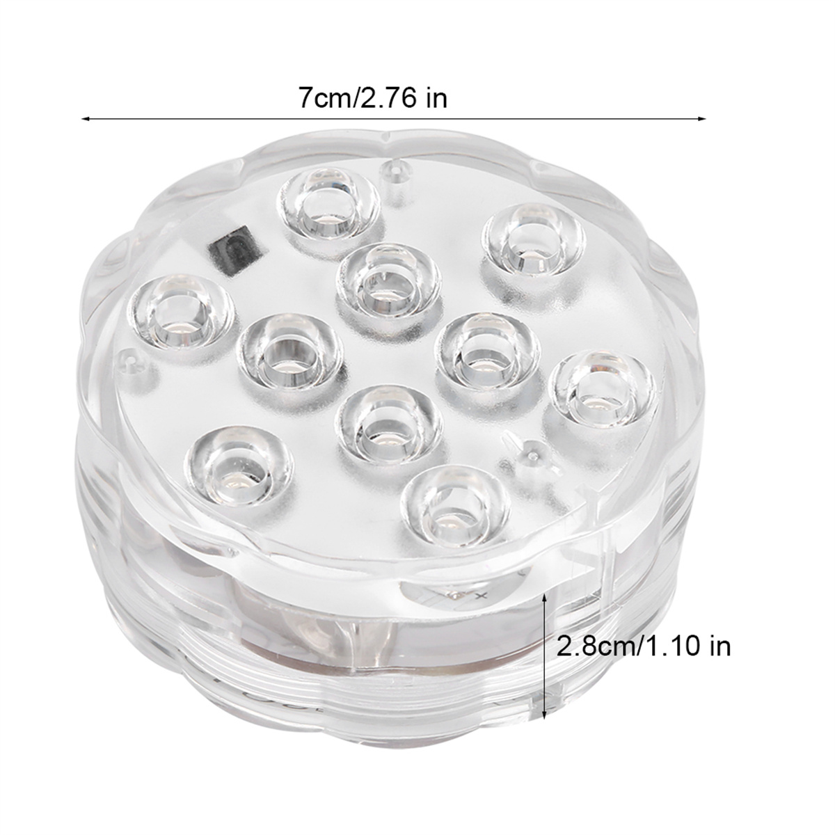 Klares, rundes, wasserdichtes LED-Licht mit den Maßen: 7 cm breit, 2,8 cm dick. Neun LEDs leuchten.