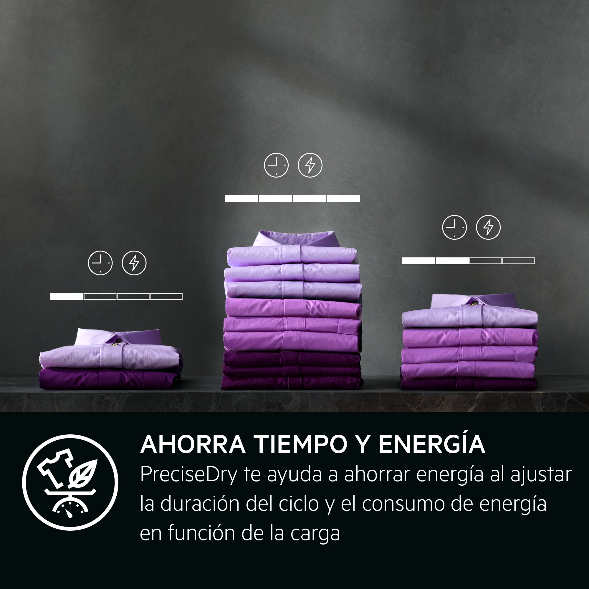 Pilas de camisas en tonos morados. Texto en español sobre ahorro de energía.