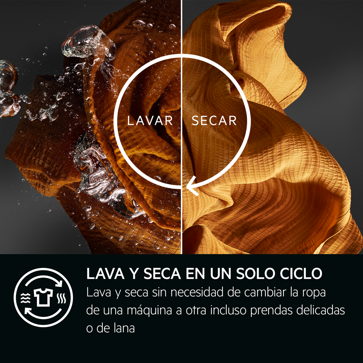 Obraz pokazuje pranie: pranie i suszenie. Tekst mówi: 'Prać i suszyć w jednym cyklu'.