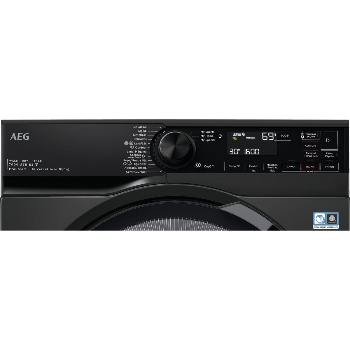 Czarny panel sterowania pralki AEG pokazujący ustawienia i wyświetlacz. Widoczne przyciski.