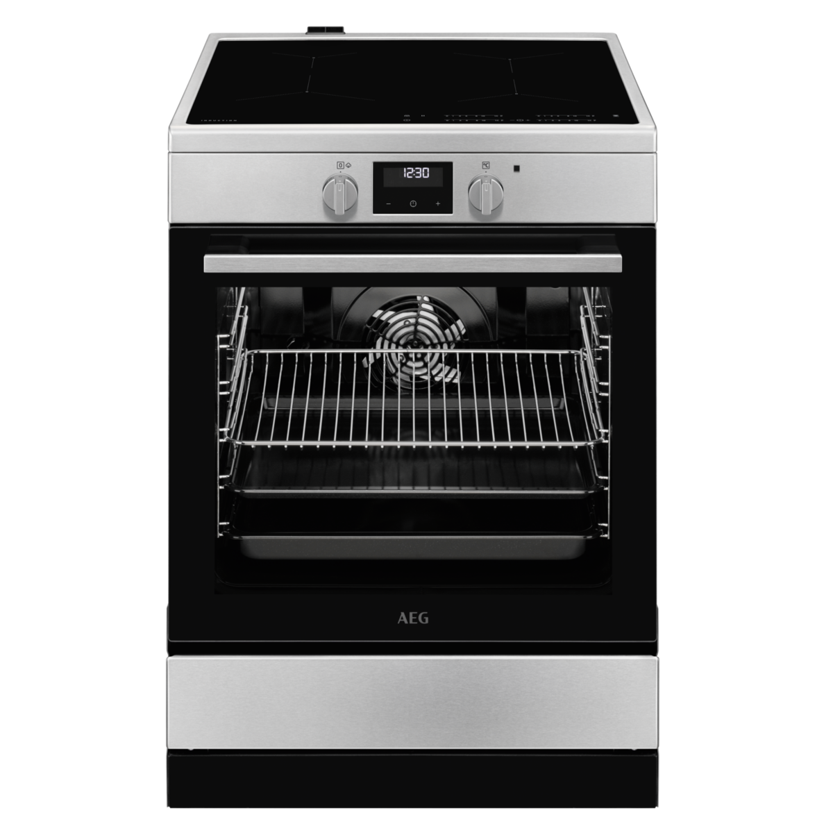 Un horno AEG plateado y negro abierto con luz interior y puerta de cristal.