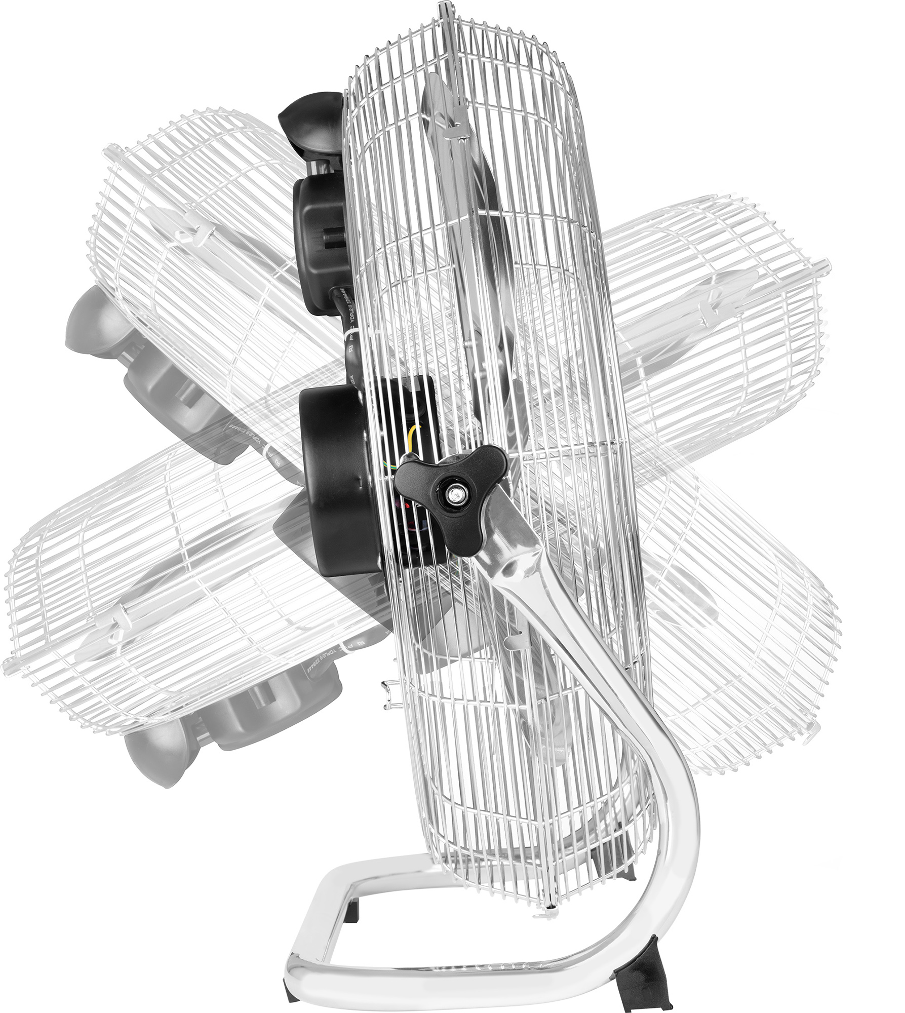 Silberner Oszillationsventilator mit Schutzgitter und schwarzen Bedienelementen.