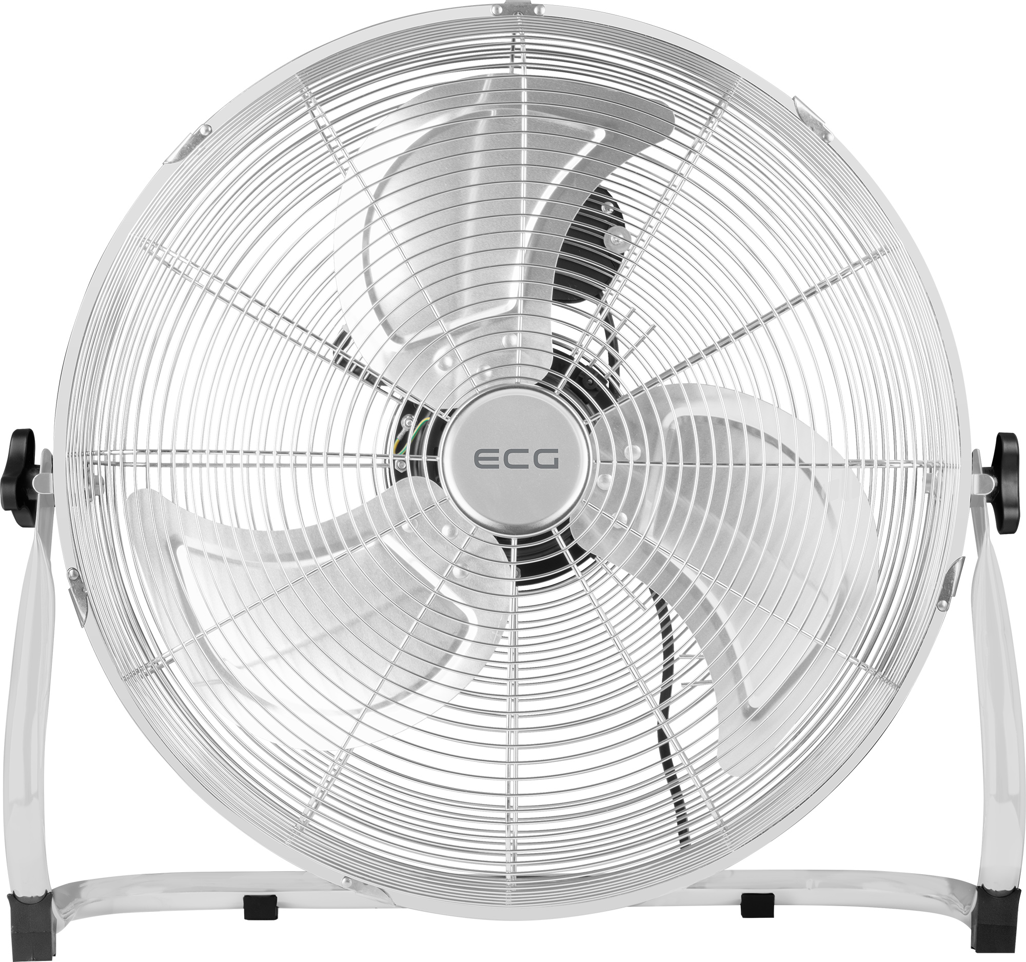 Ein großer weißer Ventilator. Der Ventilator hat drei Flügel und einen Schutzkorb.