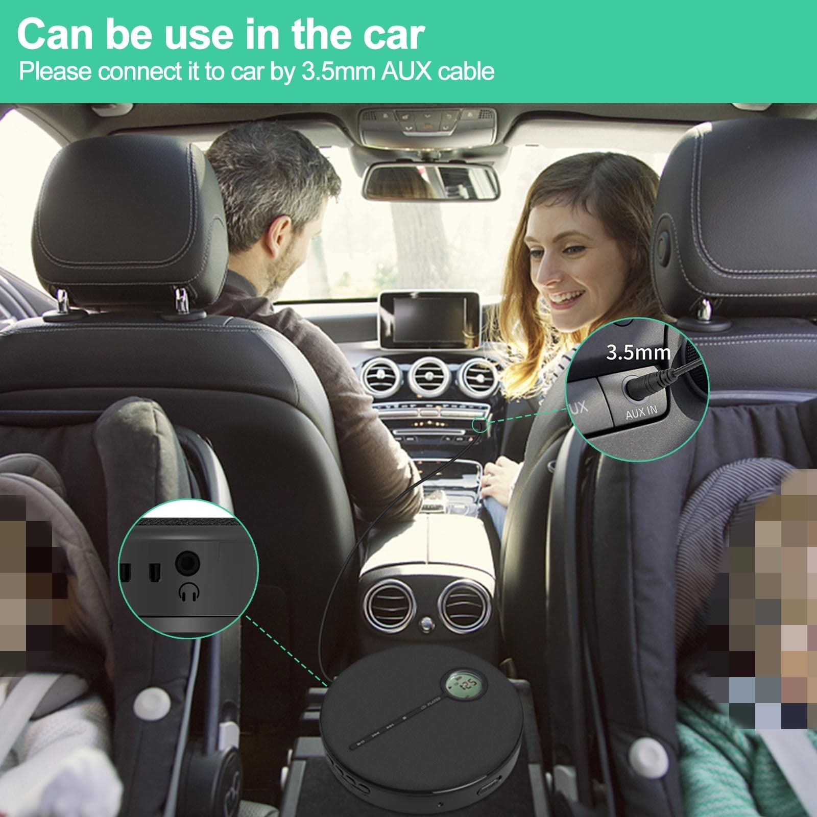 Paar im Auto, das einen CD-Player über ein AUX-Kabel verwendet. Zeigt einen CD-Player und den Innenraum des Autos.