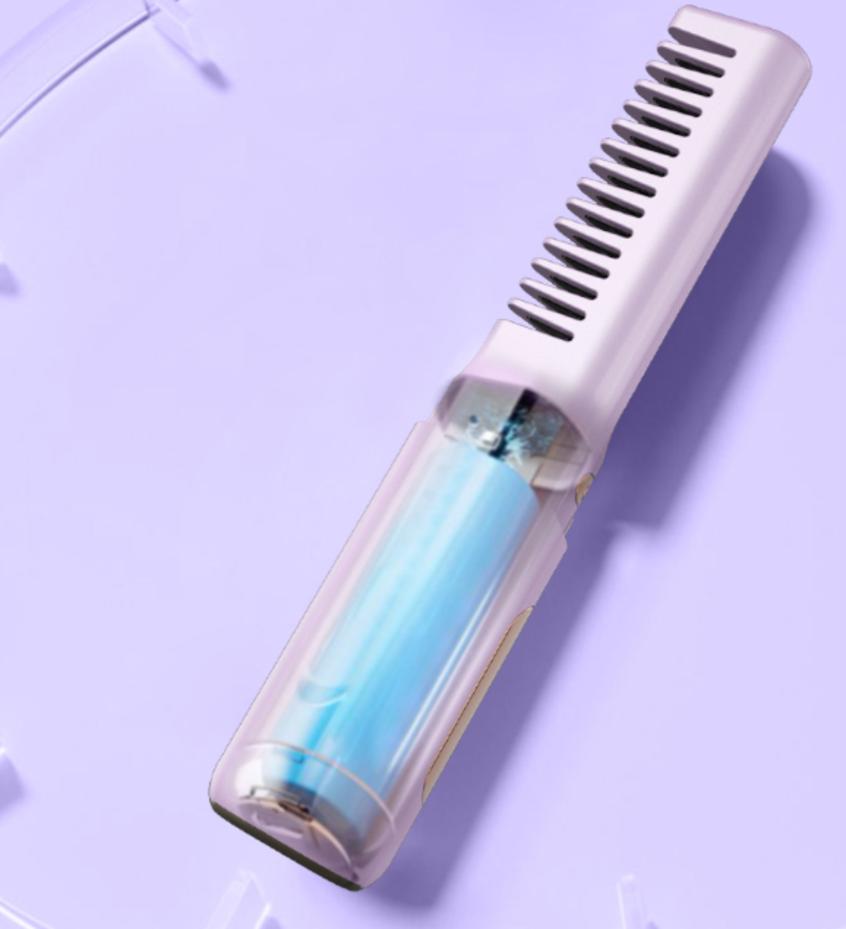 Haarglätter mit blauem Licht und Kamm. Lila Hintergrund mit Lichtstreifen um das Gerät.