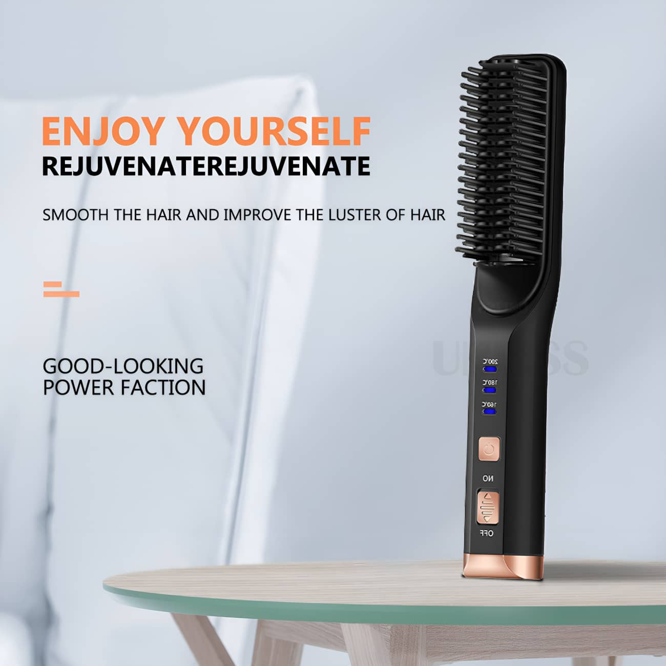 Schwarze Haarglättungsbürste mit Text: Enjoy Yourself, Rejuvenate, Smooth the hair.