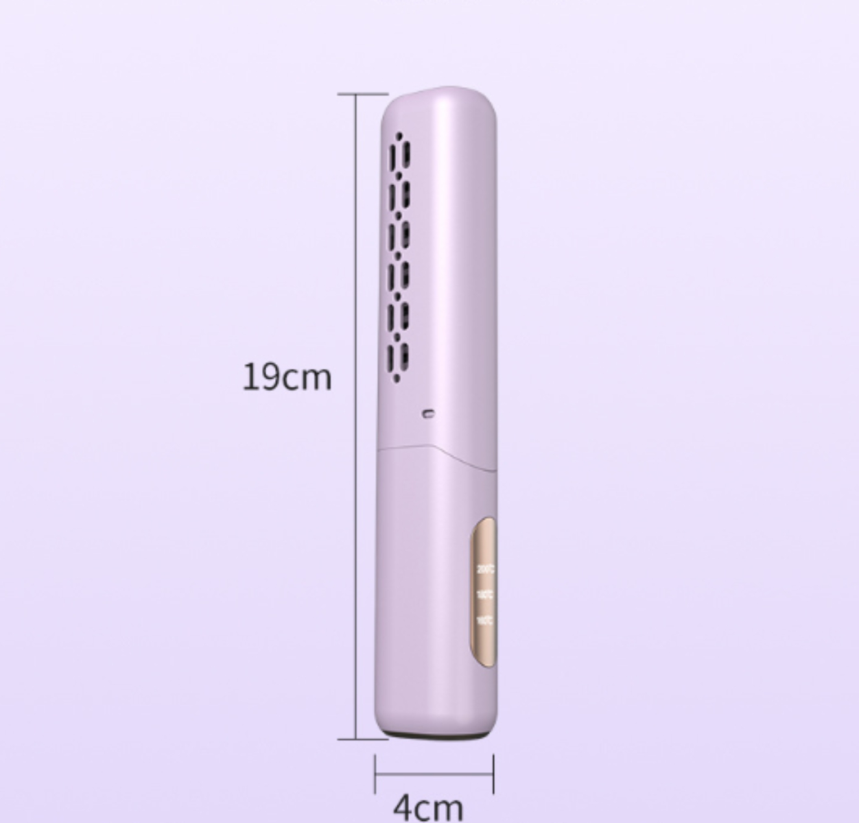 Ein hellvioletter Haarglätter steht aufrecht. Maße sind beschriftet: 19 cm hoch, 4 cm breit.