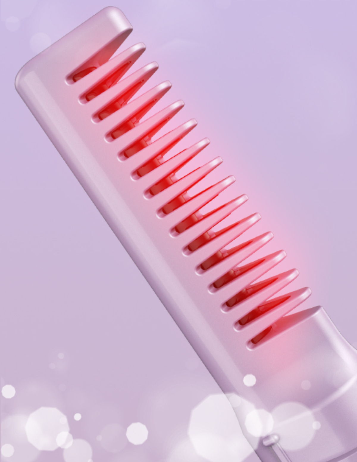 Nahaufnahme eines rosa Haarglätterkamms mit hellroten Heizelementen. Weicher, violetter Hintergrund.