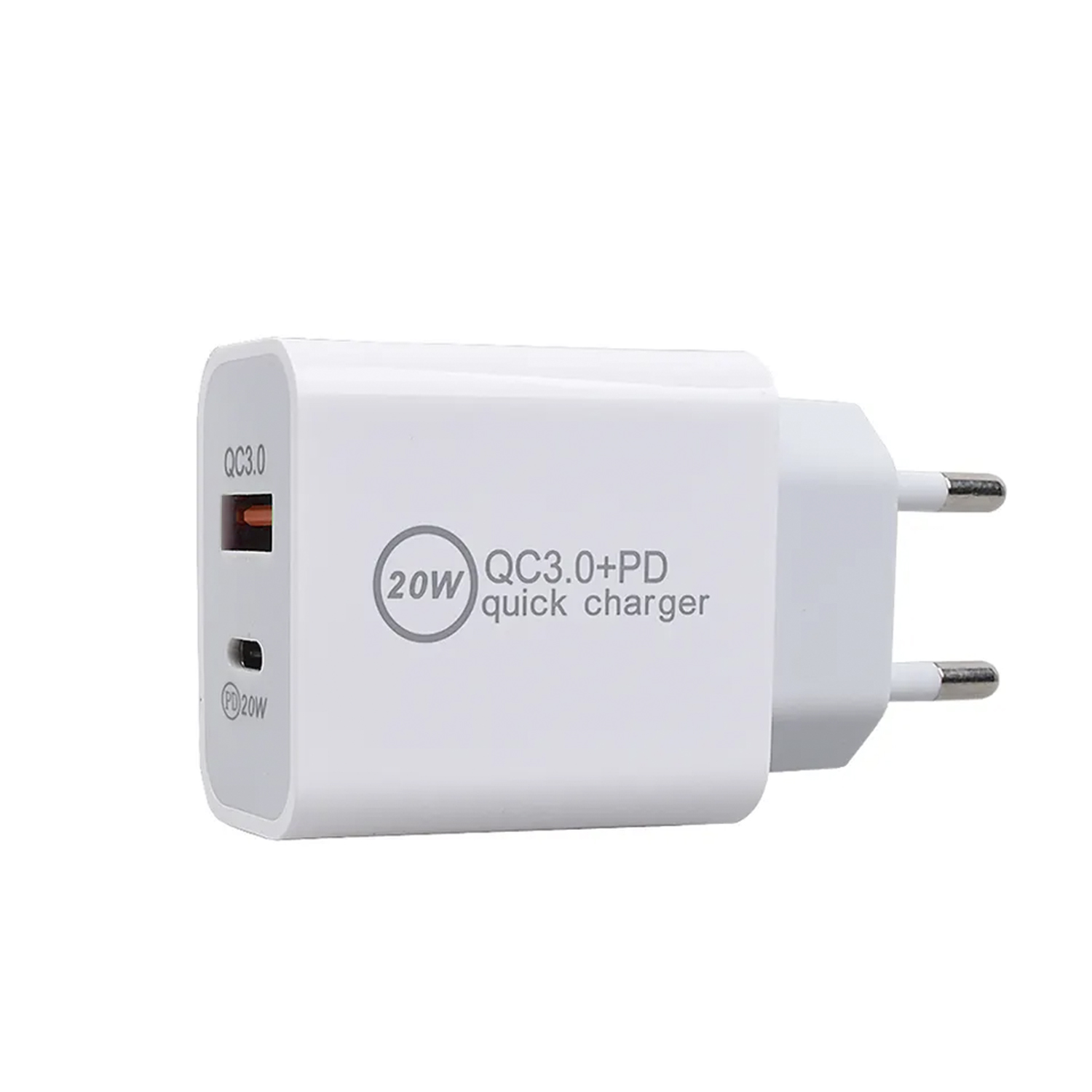 Caricabatterie da parete bianco con due porte: QC3.0 e USB-C. Visualizza "QC3.0+PD" e "20W".