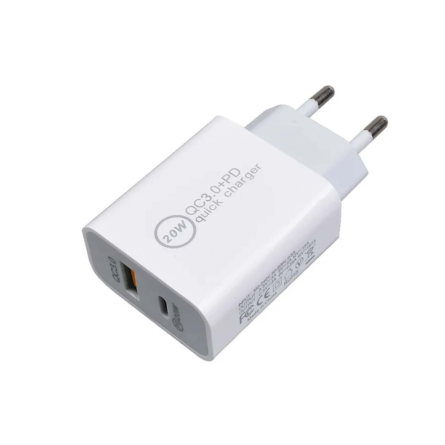 Caricabatterie rapido bianco da 20W con due porte. Testo: QC3.0+PD.