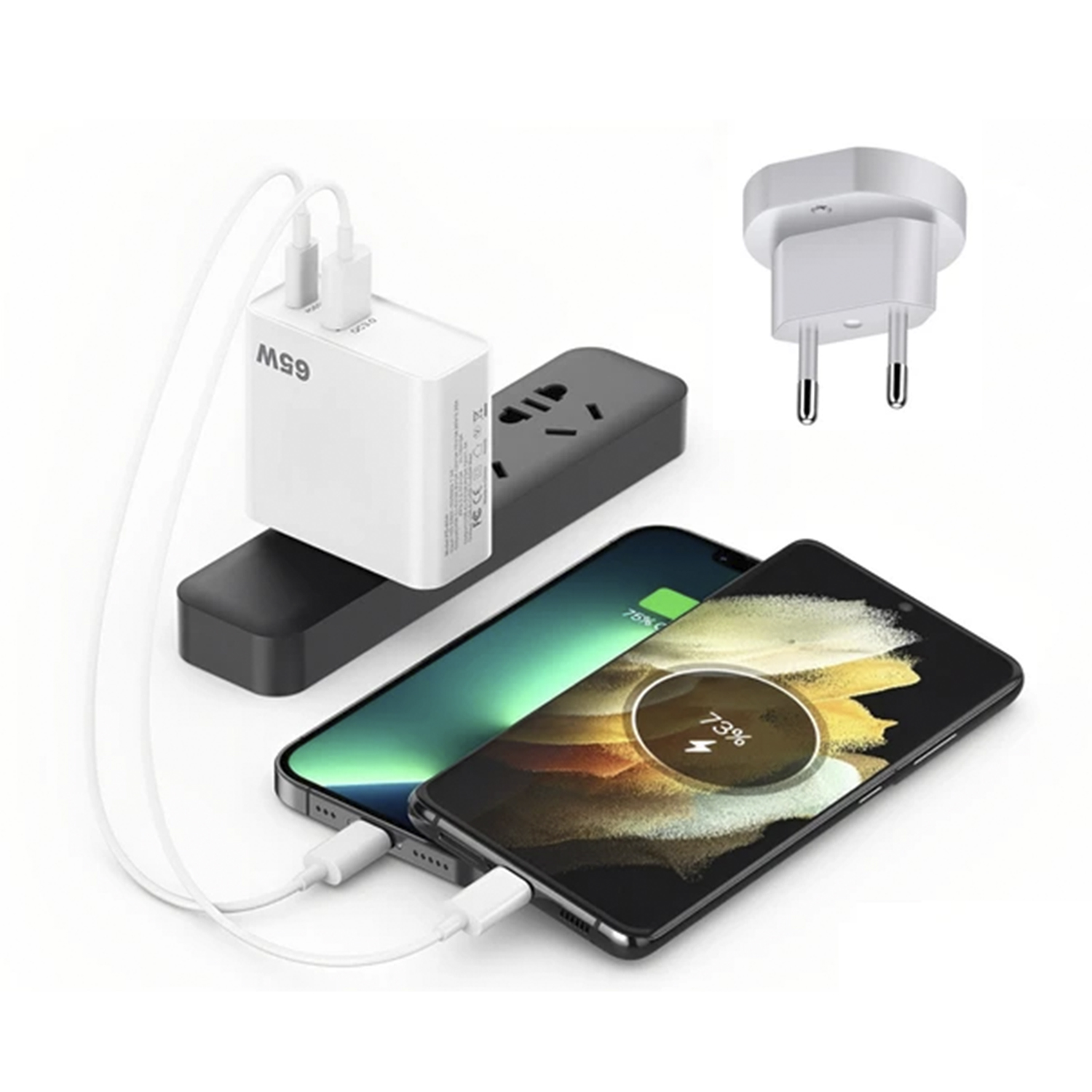 Due smartphone in carica con un caricatore bianco e un adattatore da viaggio.
