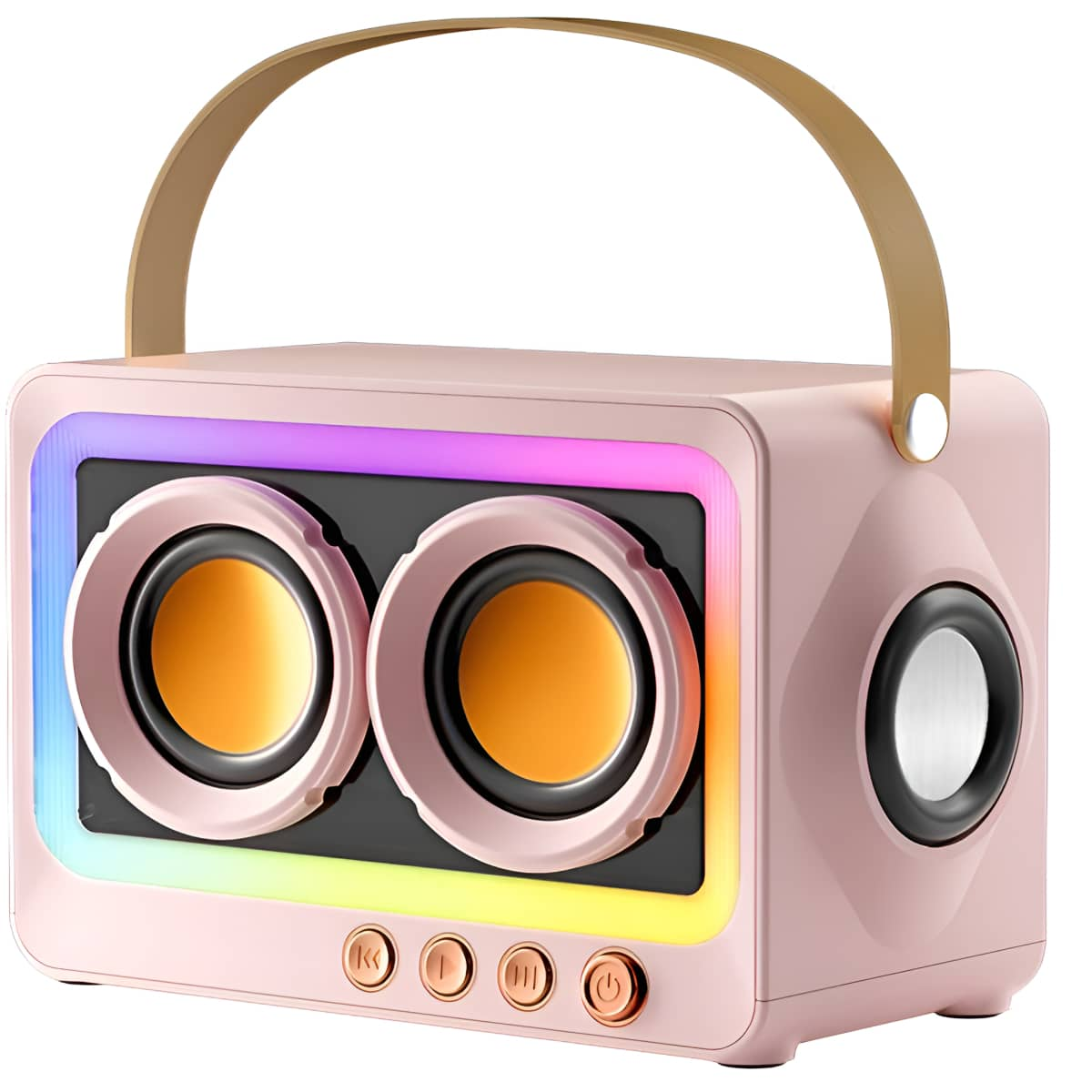 Rosa Retro-Lautsprecher mit Griff, zwei Lautsprechern und Bedientasten.
