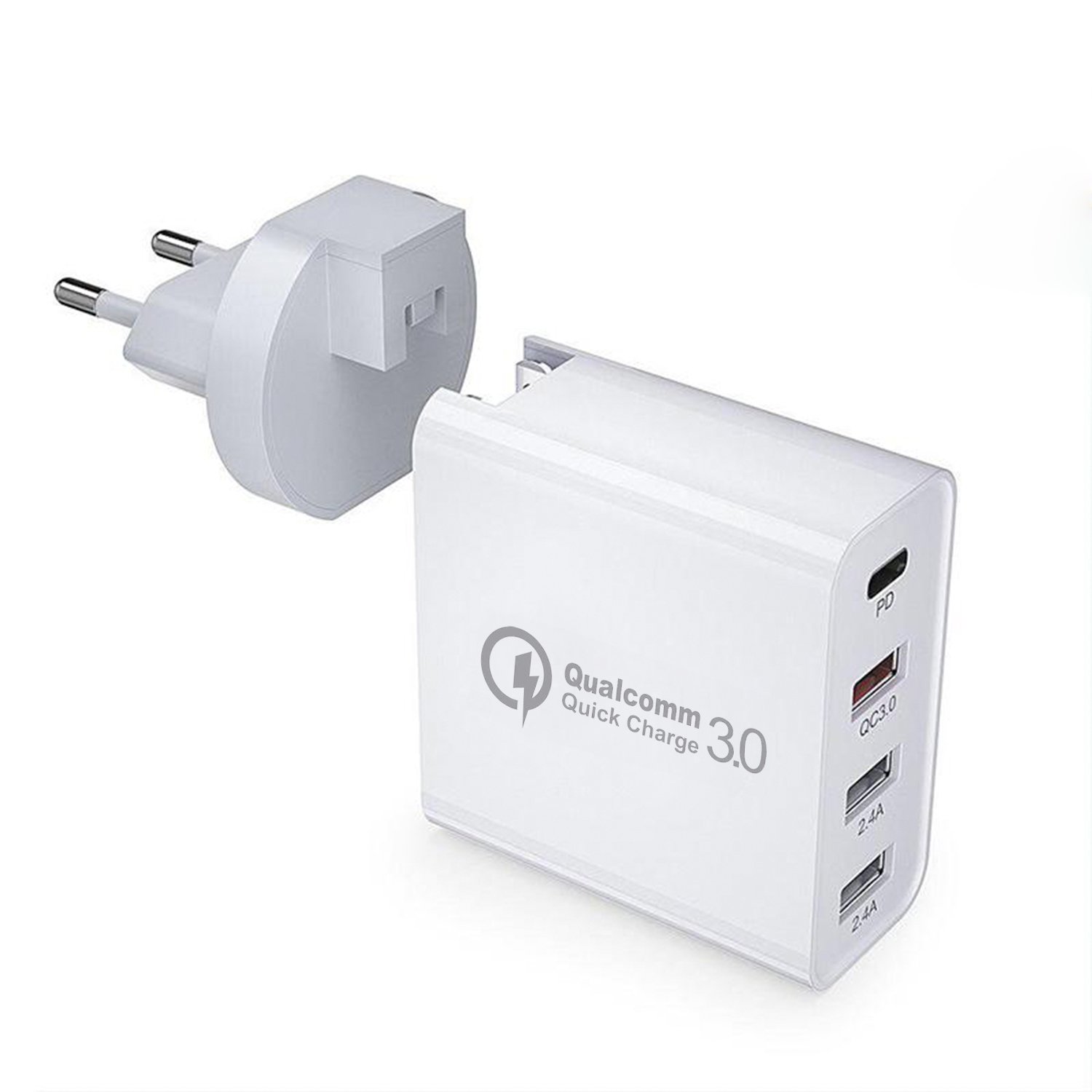 Caricabatterie bianco Qualcomm Quick Charge 3.0 con spina separata. Ha più porte.