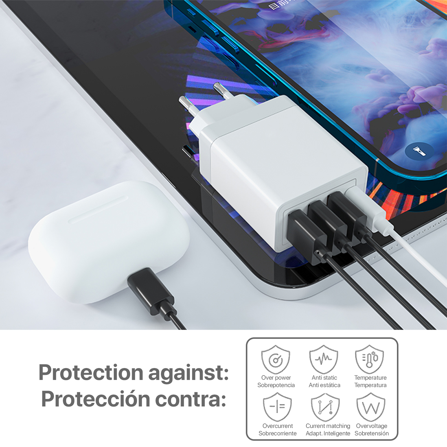 Caricatore bianco con più porte USB e telefono in carica. Testo: Protezione contro.