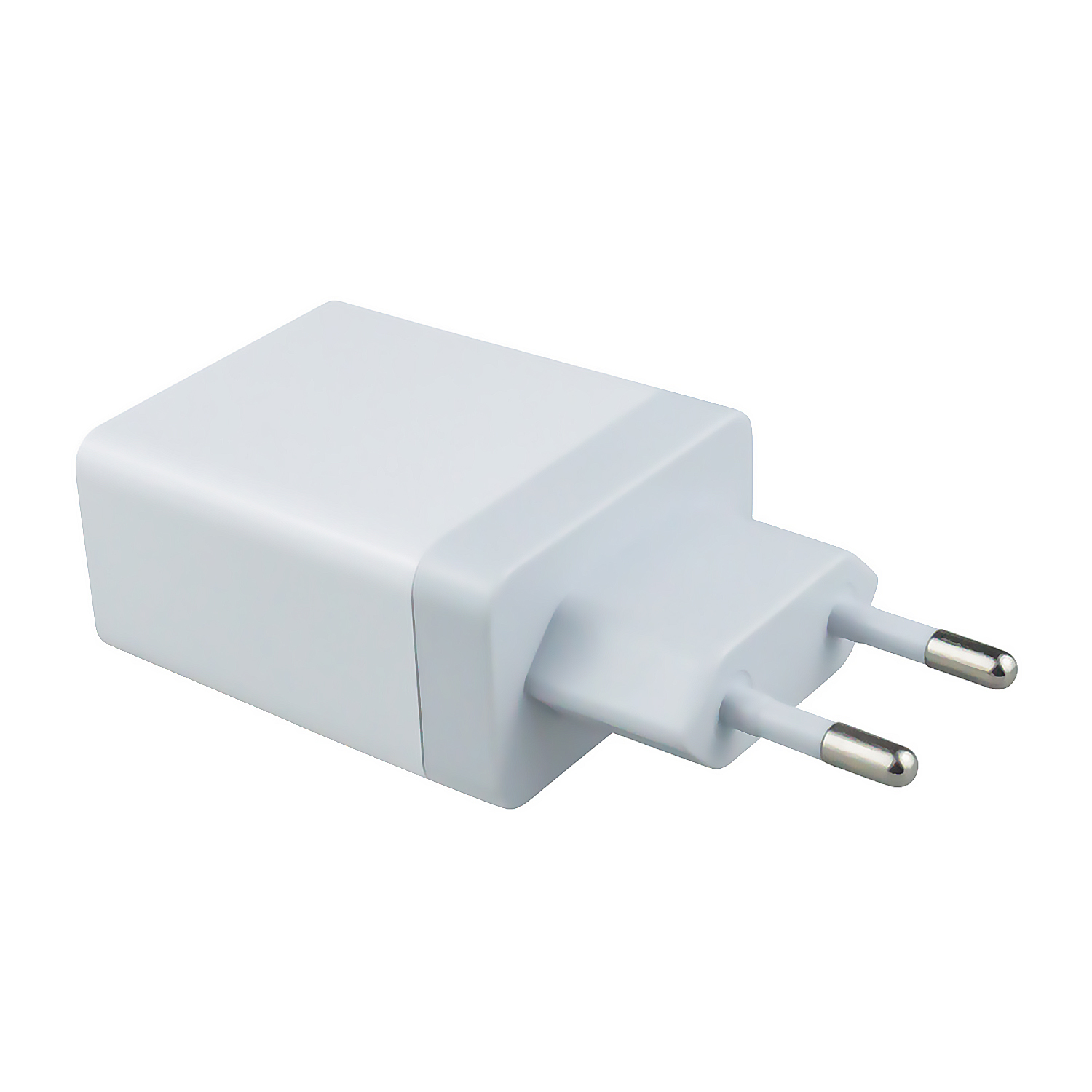 Caricabatterie da muro bianco con due spine argentate.