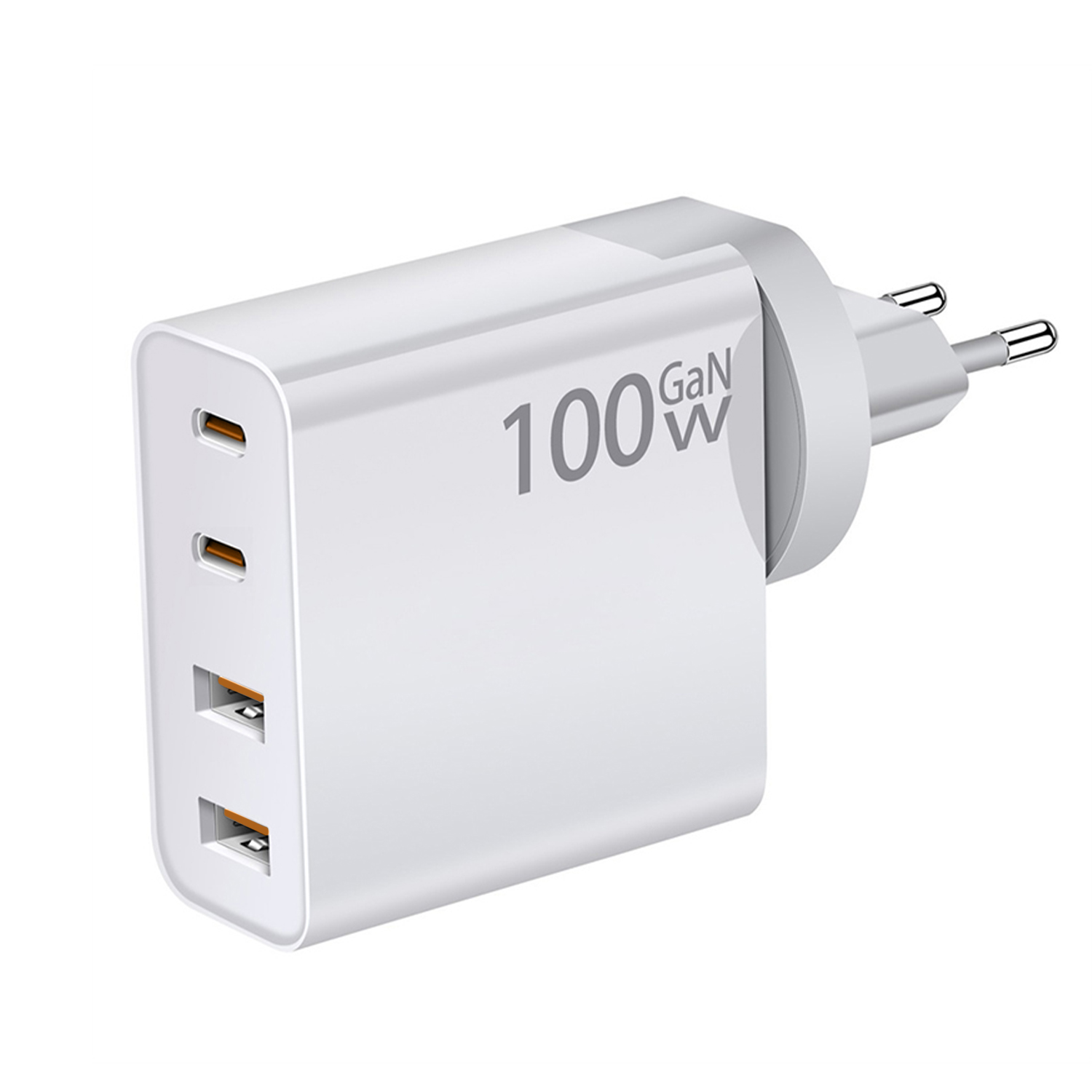 Caricatore GaN bianco da 100W con tre porte USB-C e due spine. Isolato su sfondo bianco.