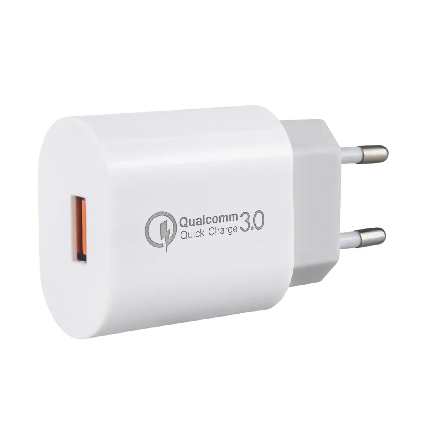 Un caricatore rapido bianco Qualcomm 3.0 con spinotti per una presa elettrica.