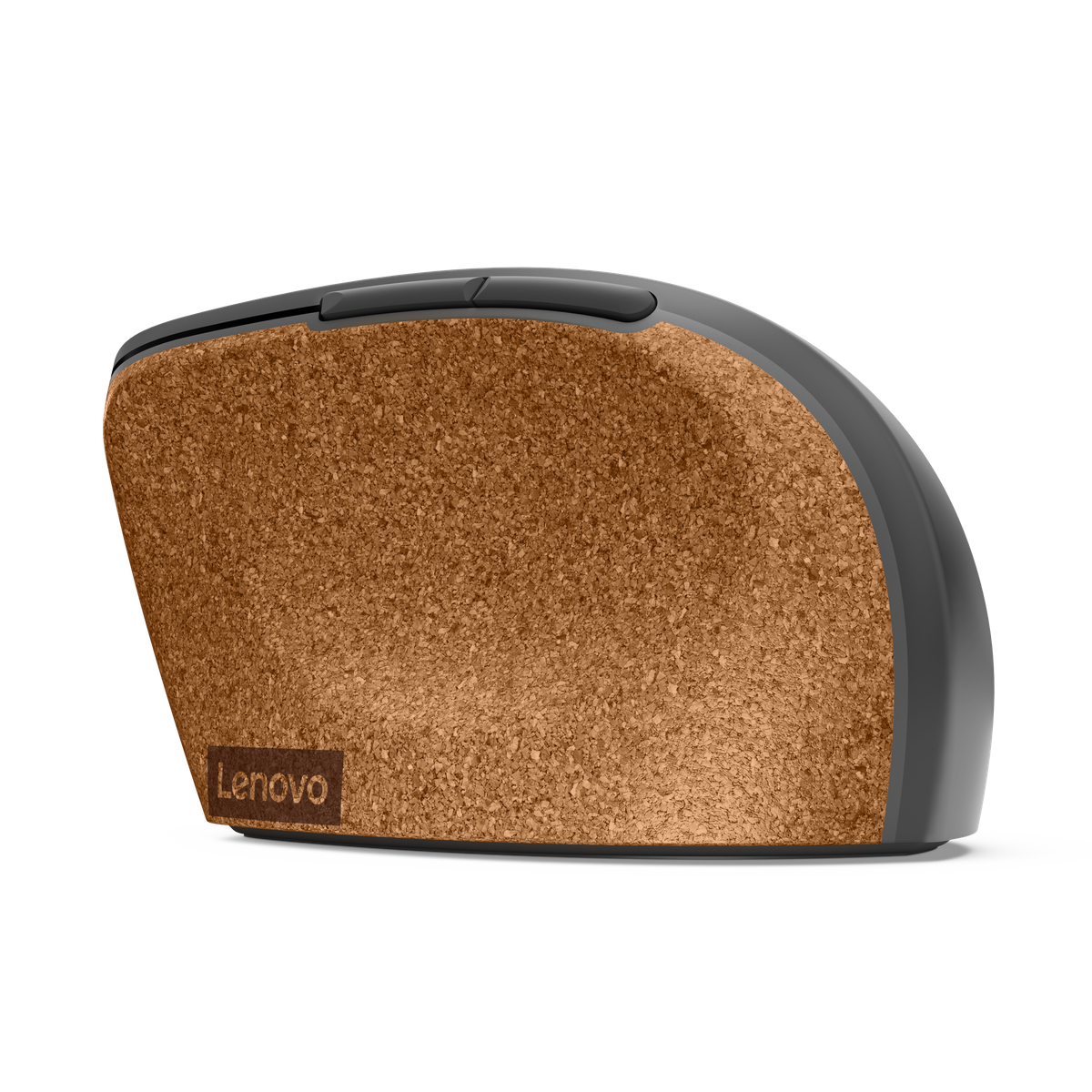 Mysz Lenovo z korkiem i szarą teksturą. Logo Lenovo jest widoczne. Tło jest ciemne.