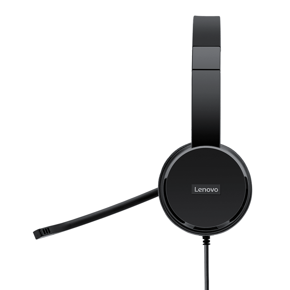 Schwarzes Lenovo-Headset mit Mikrofon. Das Headset hat ein kreisförmiges Ohrmuscheldesign.