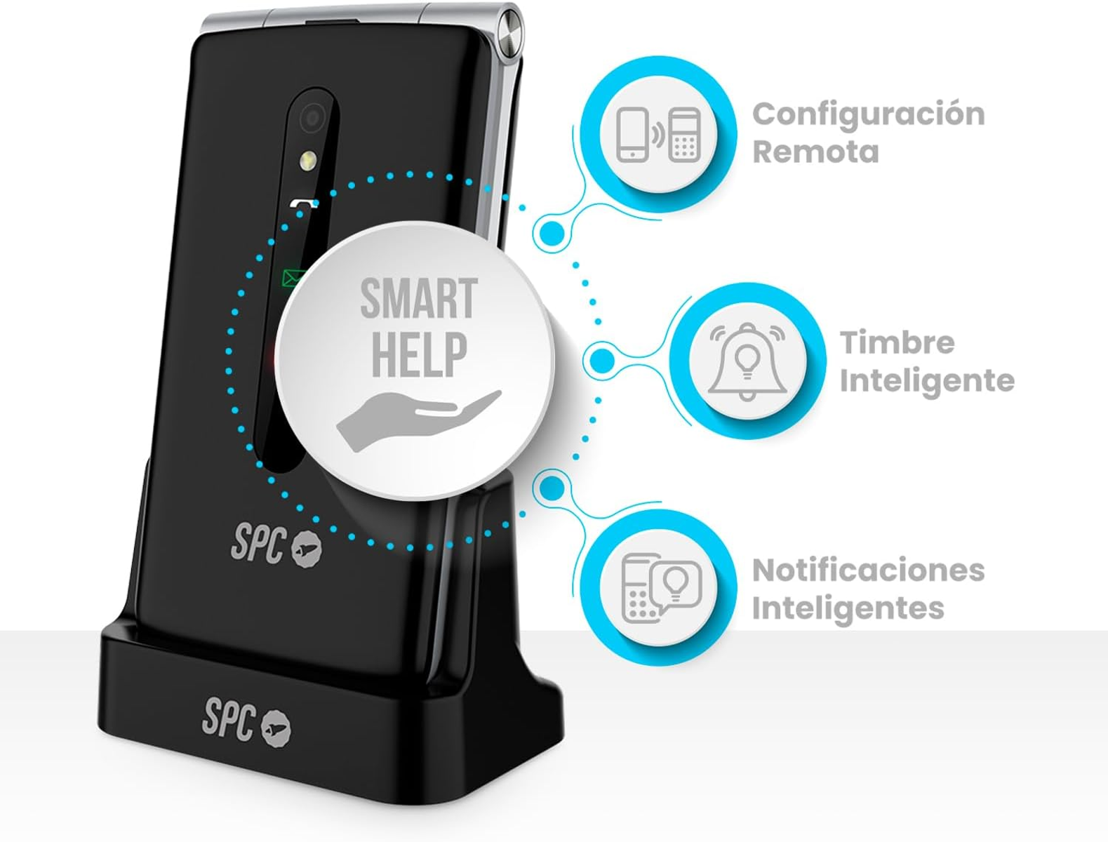 Czarne urządzenie SPC z trzema ikonami wskazującymi zdalną konfigurację, inteligentny dzwonek i inteligentne powiadomienia.