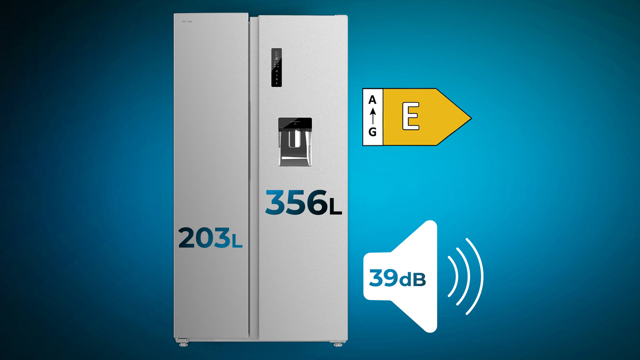 Frigorifero side-by-side con etichetta energetica e testo.