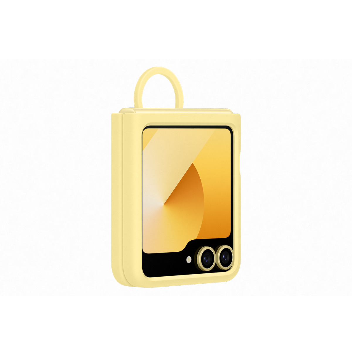 Custodia gialla del telefono con un anello in alto e due lenti della fotocamera. Sfondo giallo.