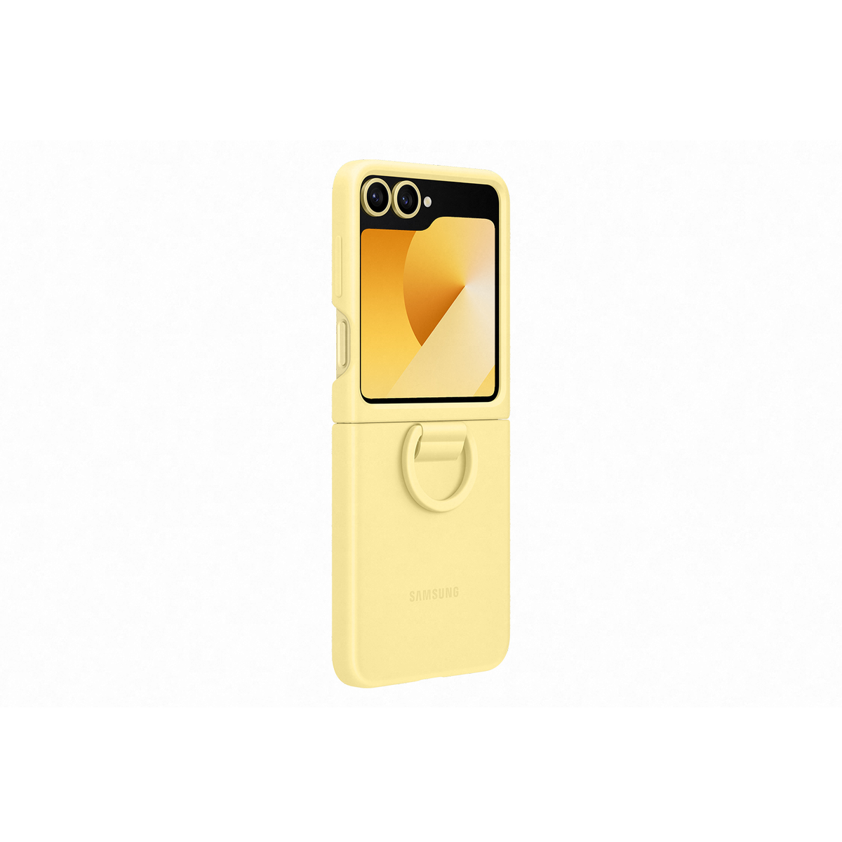 Custodia del telefono gialla, aperta, con schermo. Sfondo bianco.