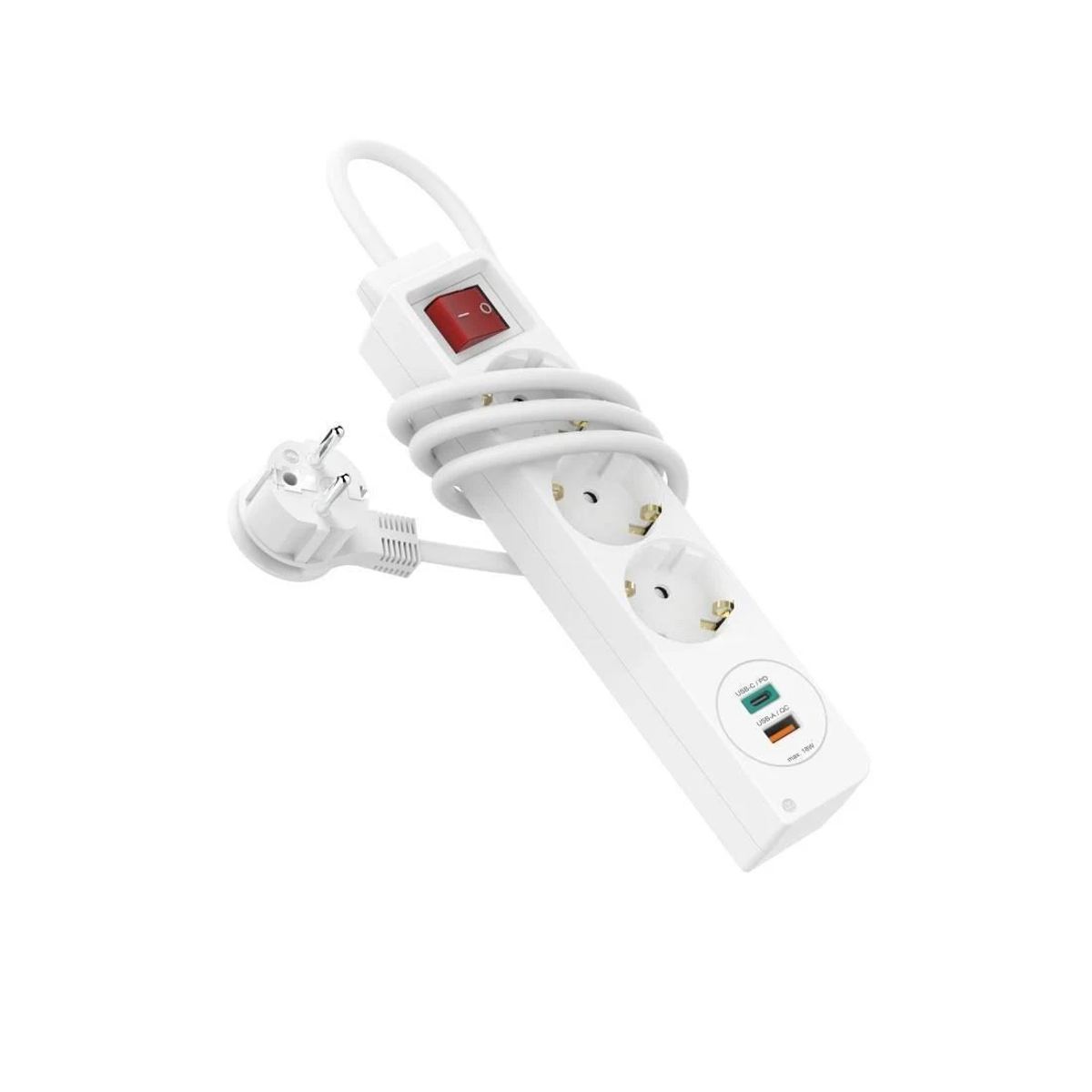 Biała listwa zasilająca z dwoma gniazdami i czerwonym włącznikiem/wyłącznikiem. Zwinięty przewód z wtyczką.