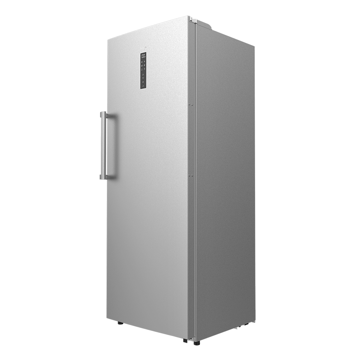 Un refrigerador plateado contra un fondo negro.