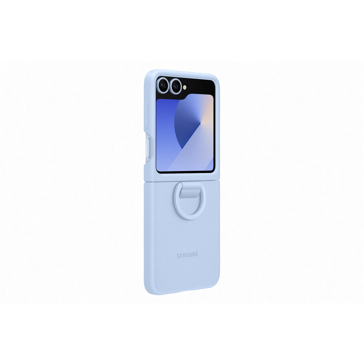 Una funda de teléfono Samsung azul claro está abierta, revelando la pantalla del teléfono. La funda tiene un anillo.