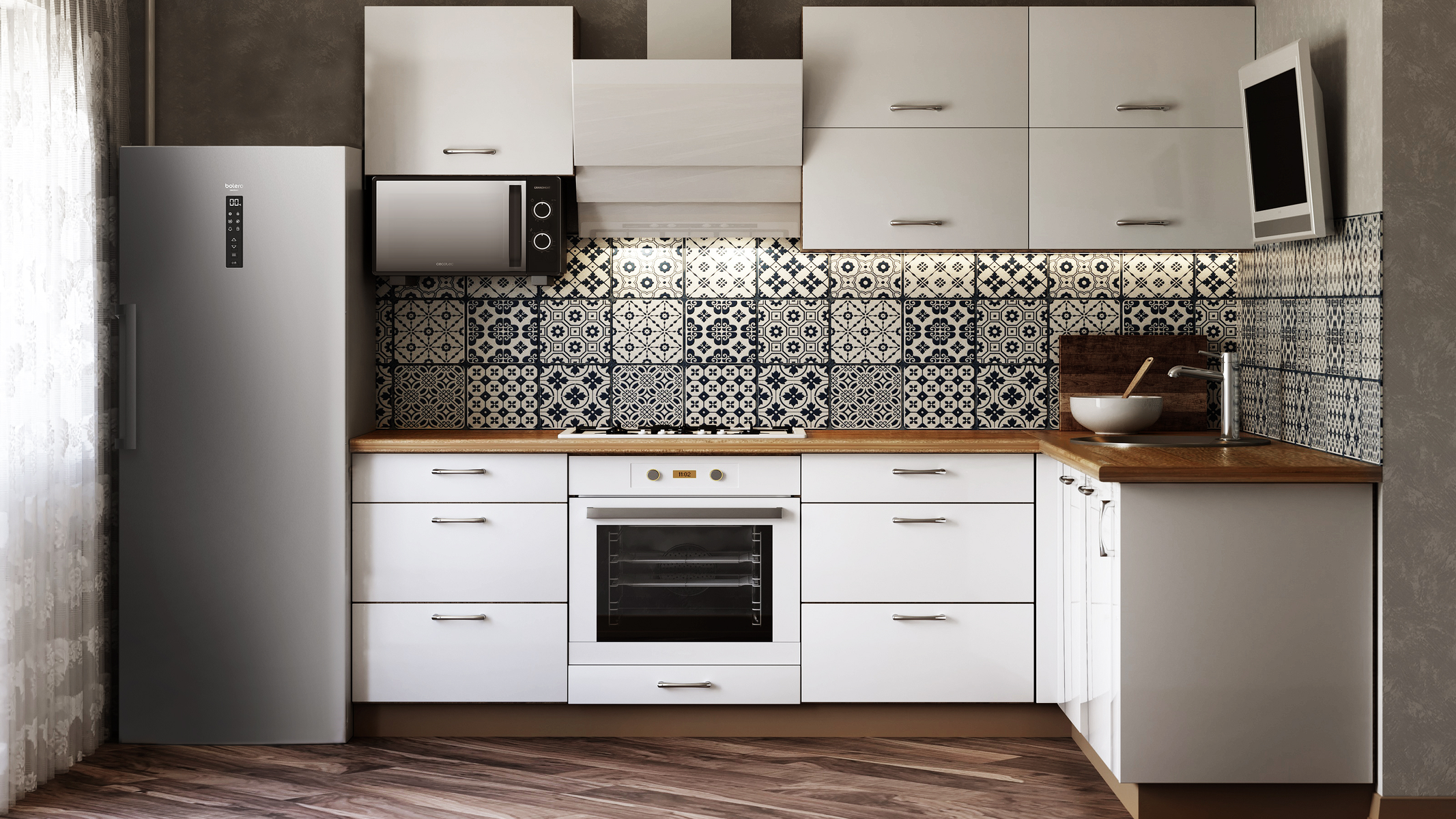 Cocina blanca con electrodomésticos y encimera de madera.