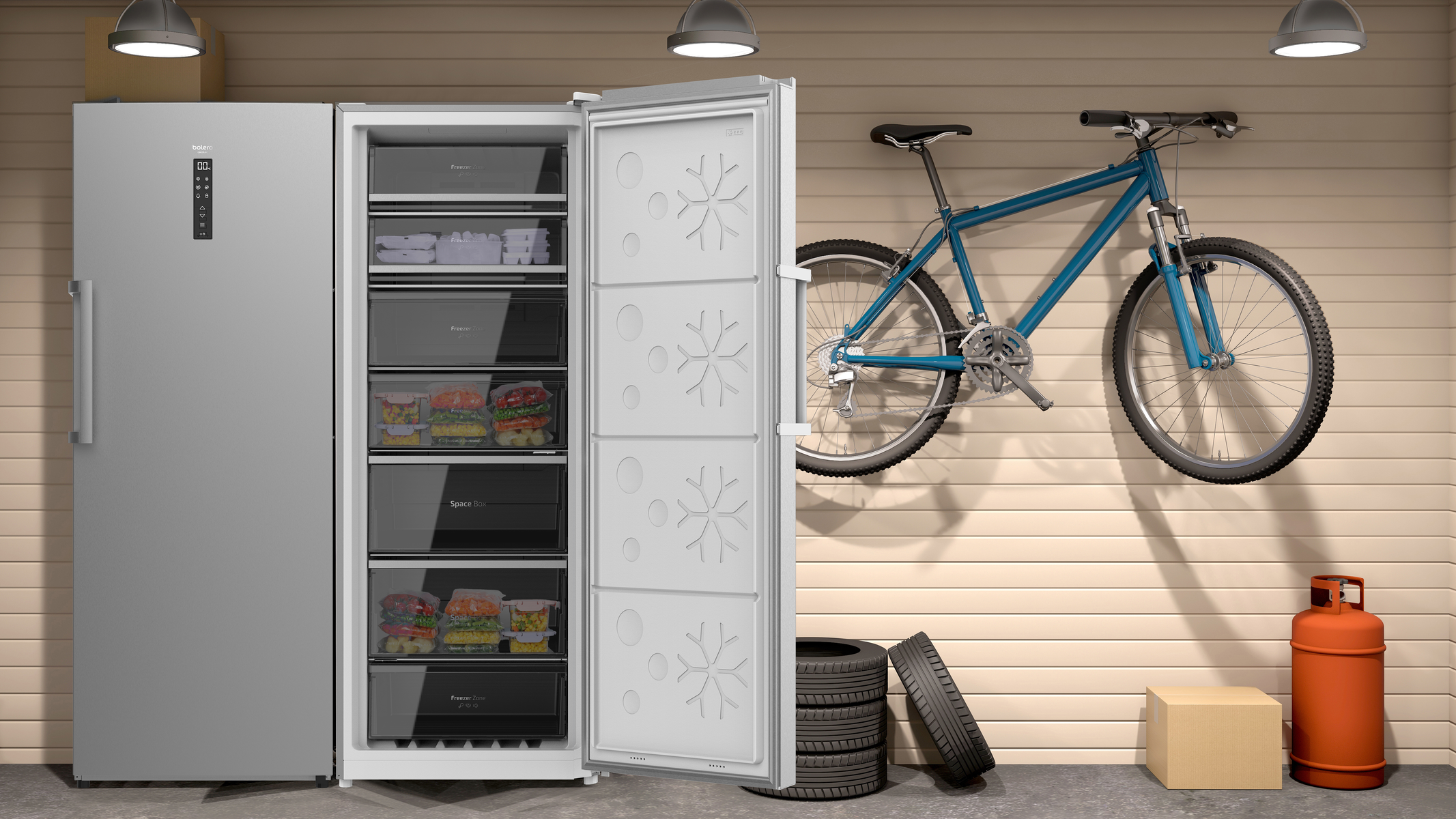 Garaje con refrigerador y congelador, una bicicleta, neumáticos y un tanque de propano naranja.