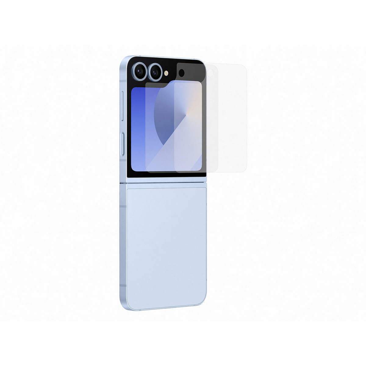 Ein hellblaues faltbares Smartphone, auf dem ein Displayschutz angebracht wird.