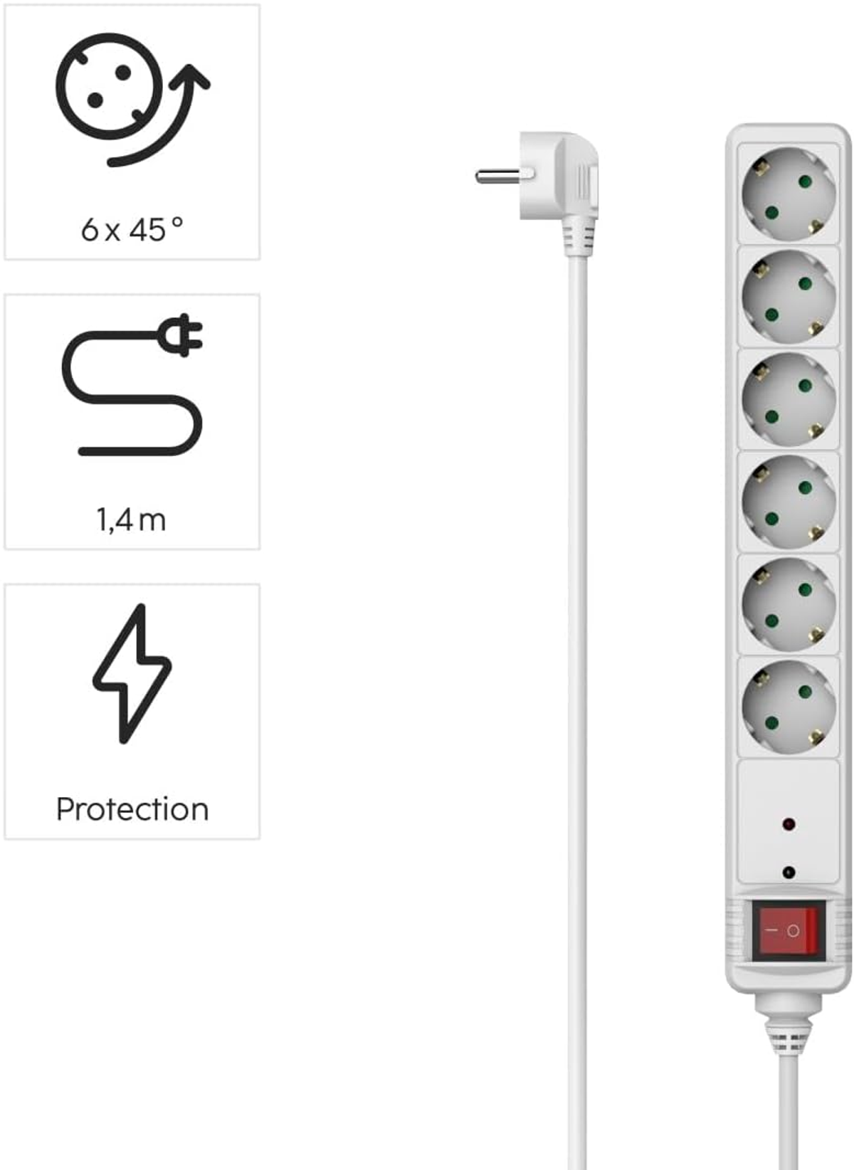 Biała listwa zasilająca z sześcioma gniazdami, czerwonym przełącznikiem i białym kablem. Tekst: Ochrona.