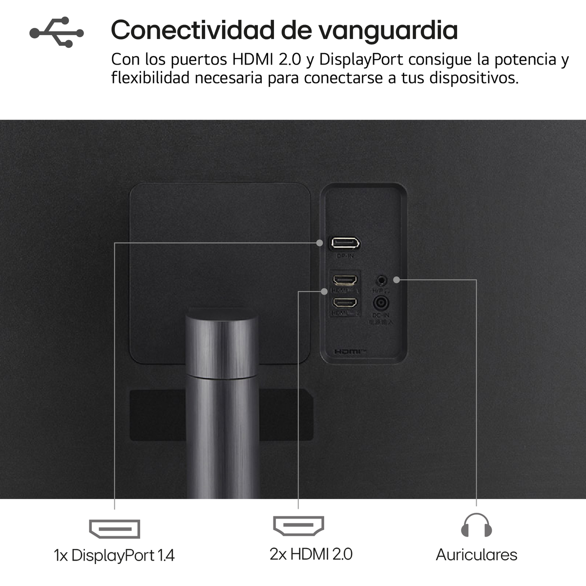 Tył czarnego monitora z portami. Tekst: 1x DisplayPort 1.4, 2x HDMI 2.0.