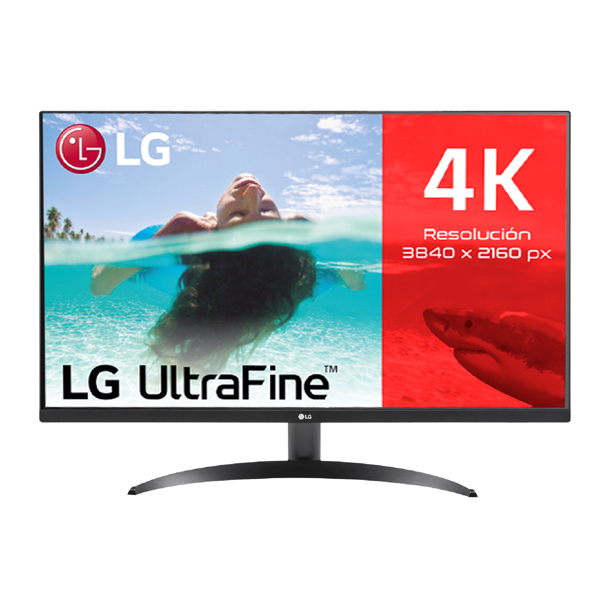 Monitor LG UltraFine wyświetlający scenę plażową i rekina. Rozdzielczość 4K wyróżniona na czerwono.