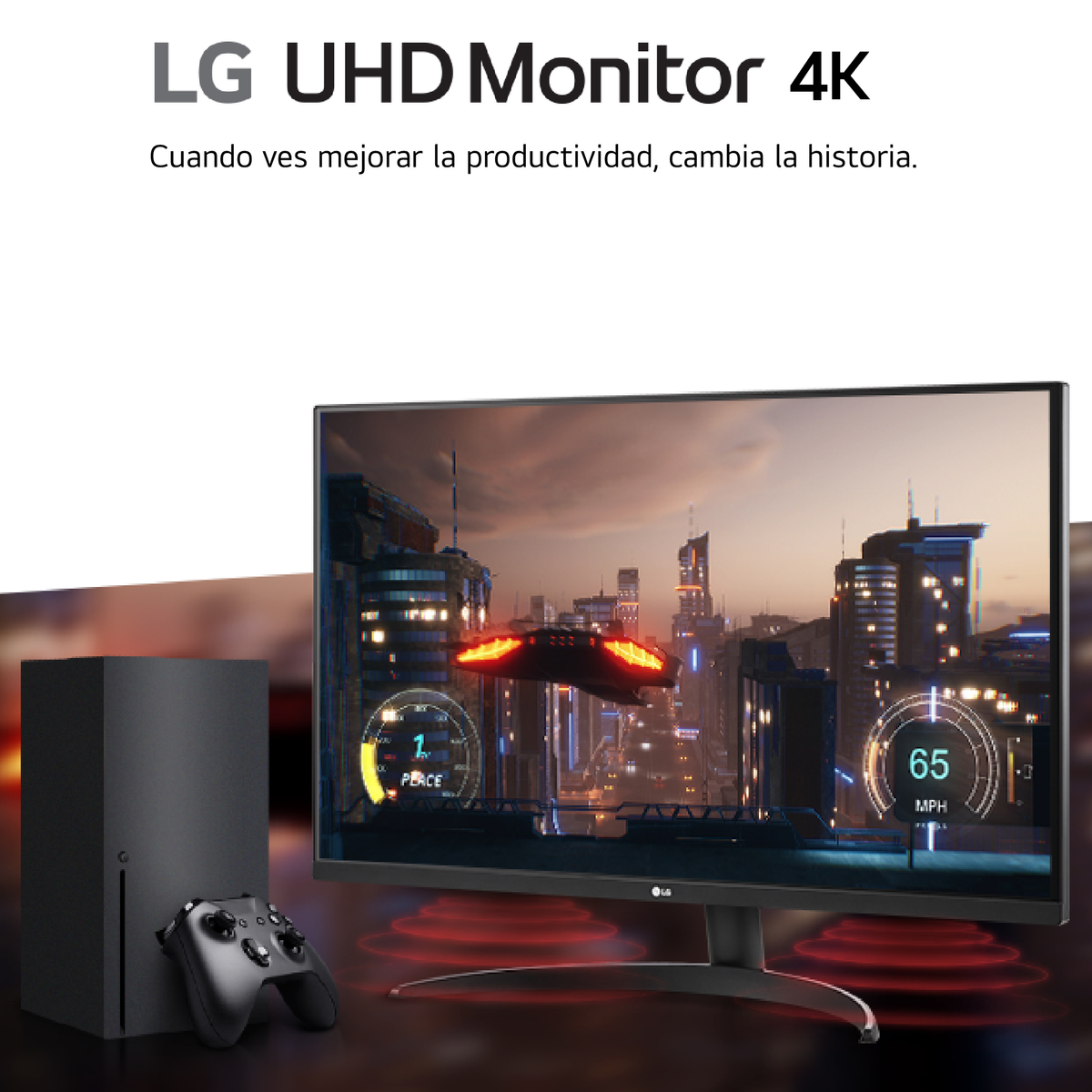 Monitor LG UHD 4K pokazujący scenę z gry. Konsola do gier i kontroler znajdują się po lewej.