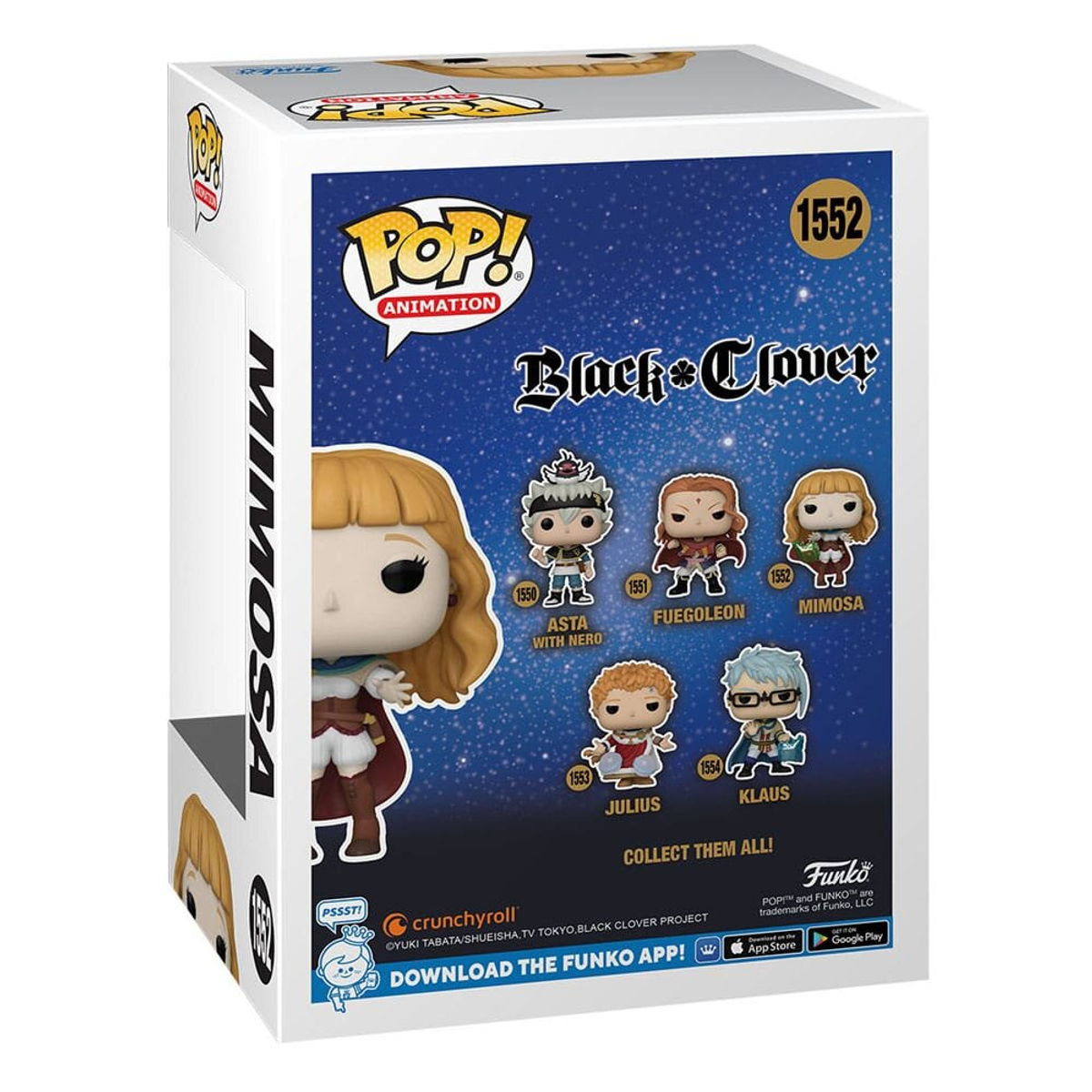 Caja Funko Pop de Mimosa, del anime Black Clover, con ilustraciones de personajes.