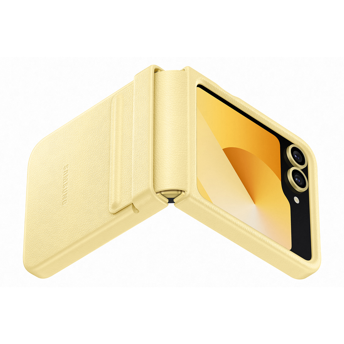 Funda de teléfono amarilla, abierta. Pantalla visible. Cremallera dorada. Color amarillo claro.