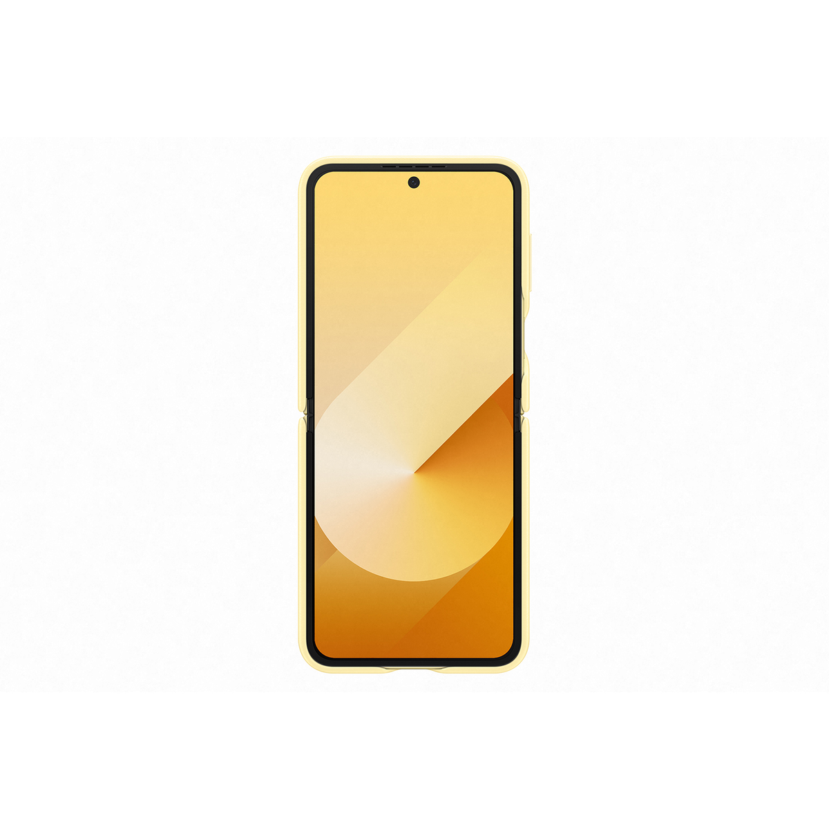 Teléfono amarillo sobre blanco. La pantalla muestra un degradado amarillo y blanco.
