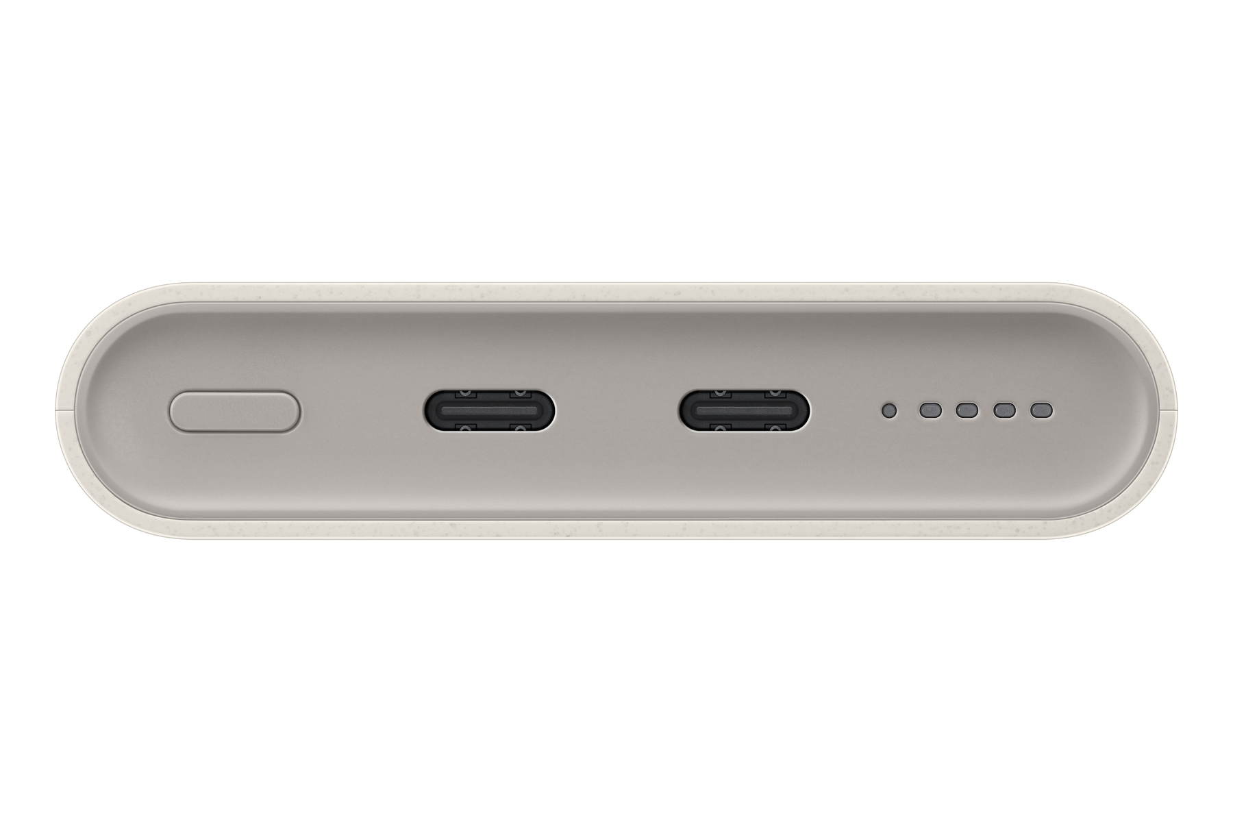 Gros plan d'une batterie externe grise avec deux ports USB-C, un bouton et une rangée de lumières.