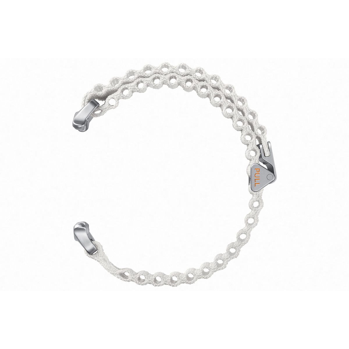 Braccialetto bianco con chiusura a strappo. È realizzato in materiale intrecciato, con una chiusura argentata.