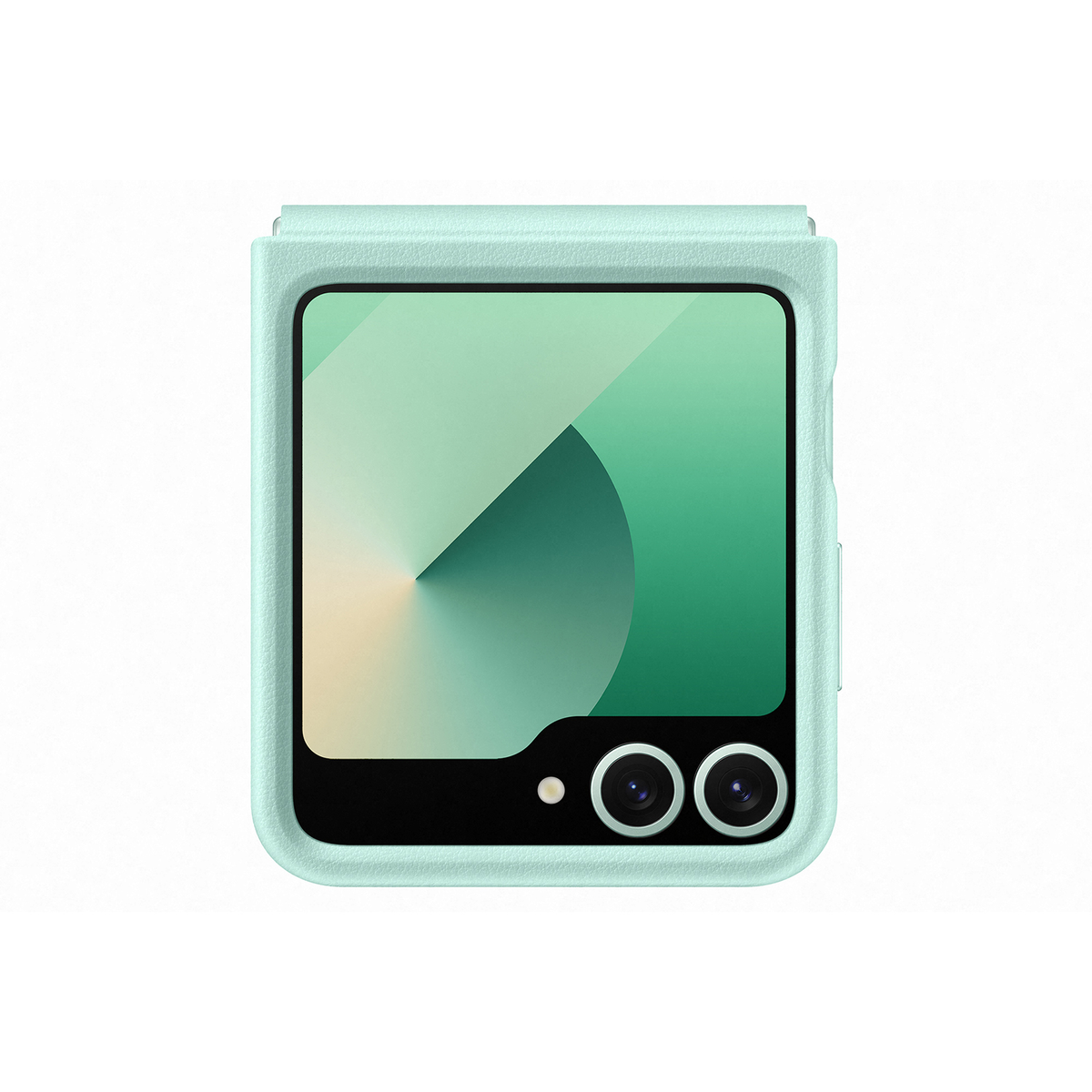 Funda de teléfono verde menta para un teléfono plegable, que muestra la pantalla y la cámara.