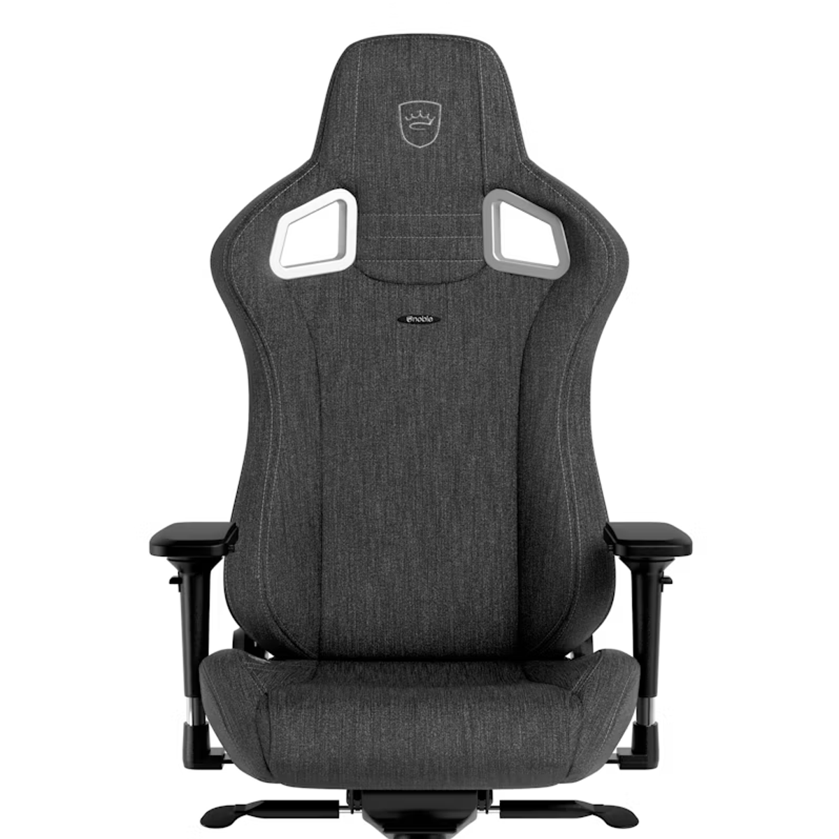 Ein grauer Gaming-Stuhl mit hohem Rücken, weißen Akzenten und schwarzen Armlehnen auf weißem Grund.