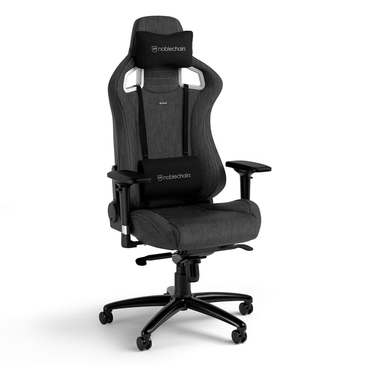Ein schwarzer und grauer Gaming-Stuhl mit Kopf- und Lendenwirbelstützkissen auf weißem Hintergrund.