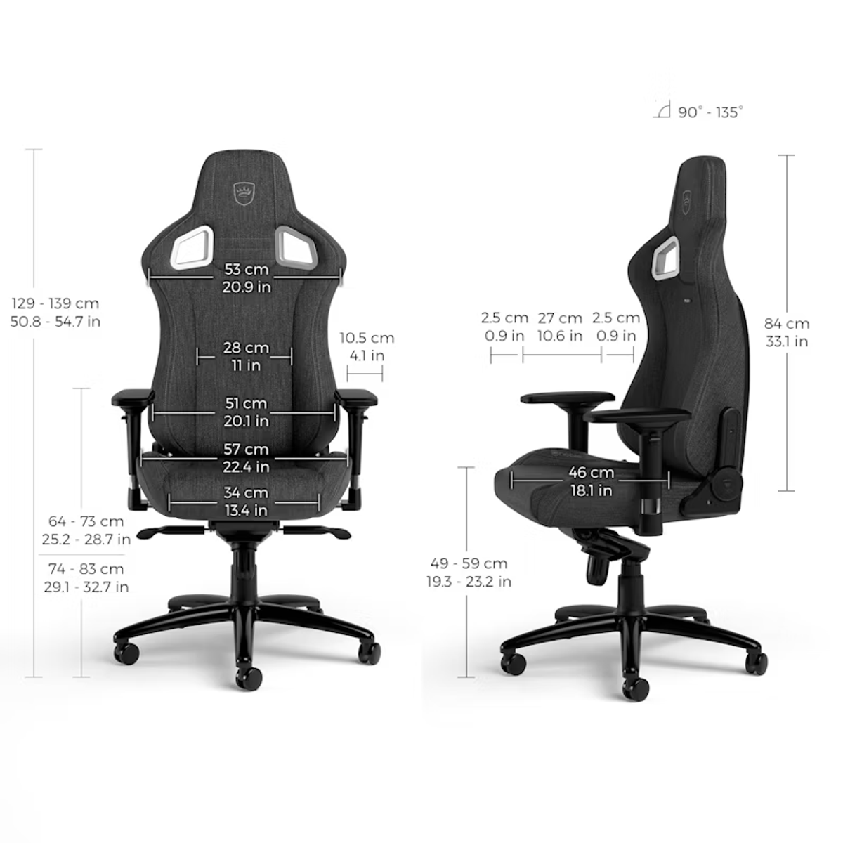 Zwei Ansichten eines schwarz-grauen Gaming-Stuhls mit Abmessungen in cm und Zoll.