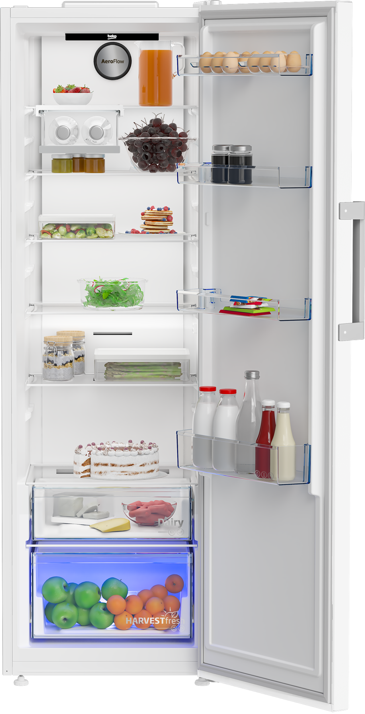 Refrigerador con puerta abierta. Estantes con comida y cajón.