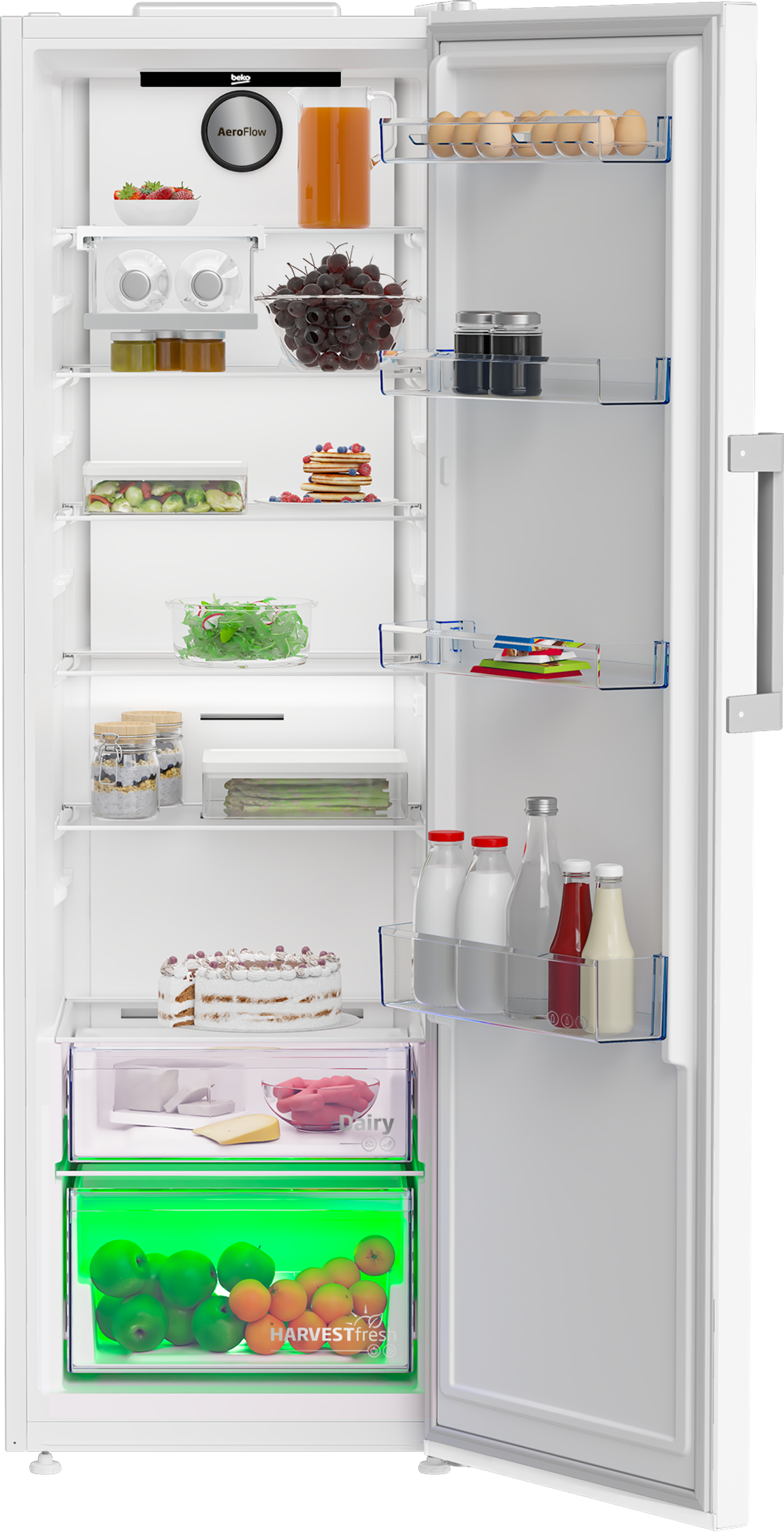 Un refrigerador blanco abierto lleno de alimentos, que incluyen frutas, verduras y botellas.